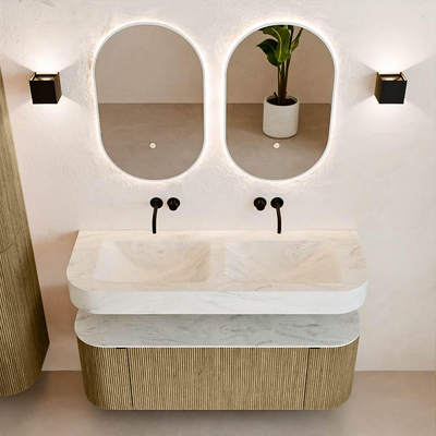 MONDIAZ THOR-DLUX 130cm meuble de salle de bains arrondi gauche + droite couleur Dusk avec 1 tiroir et 2 portes. Vasque suspendue CLOUD Double sans trou de robinet couleur Opalo.