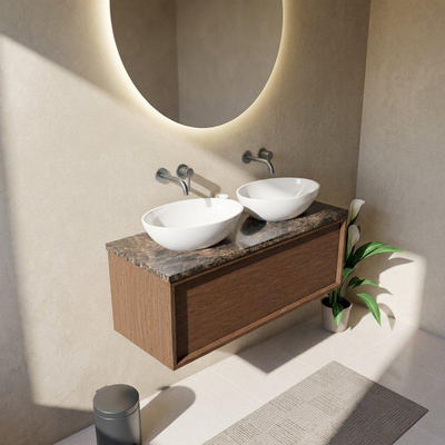 Saniclass Holz Frame Ensemble de meubles de salle de bains - 120x45x43cm - Plan de toilette en pierre naturelle Noche dark emperador - sans trou de robinetterie - 1 tiroir - walnut pure mat (bois)