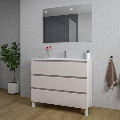 Saniclass Chaci PLUS Meuble de salle de bain - 100x86x46cm - lavabo en céramique blanc - 1 vasque - 1 trou de robinet - 3 tiroirs - miroir rectangulaire - mat cotton (beige)