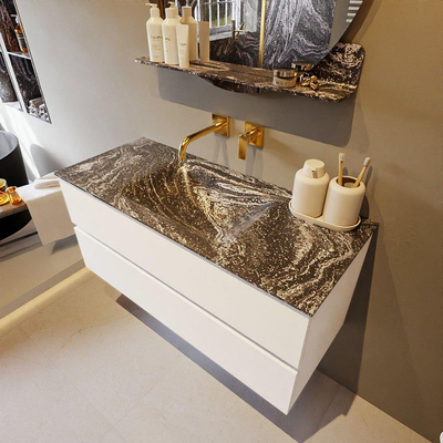 Mondiaz VICA-DLUX ensemble de meuble de salle de bain - 110cm - meuble sous lavabo talc - 2 tiroirs - lavabo encastré cloud milieu - sans trous de robinet - miroir modèle spot - version XL 60cm haut - lave