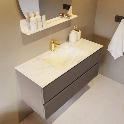 Mondiaz VICA-DLUX Ensemble de meuble de salle de bain - 110cm - meuble sous-vasque fumée - 2 tiroirs - lavabo encastré nuage milieu - 1 trou de robinet - version haute 60cm - ostra