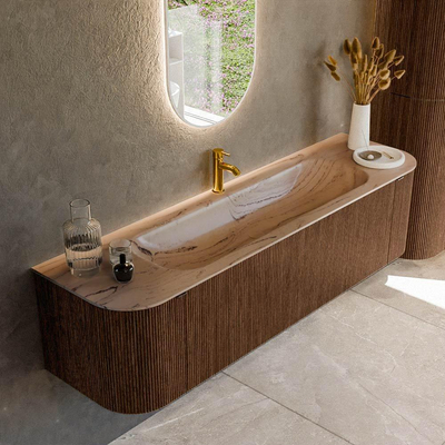 MONDIAZ KURVE-DLUX Meuble de salle de bains 170 cm arrondi gauche + droite couleur Walnut avec 1 tiroir et 2 portes. Lavabo BIG LARGE Central 1 trou de robinet Arena.