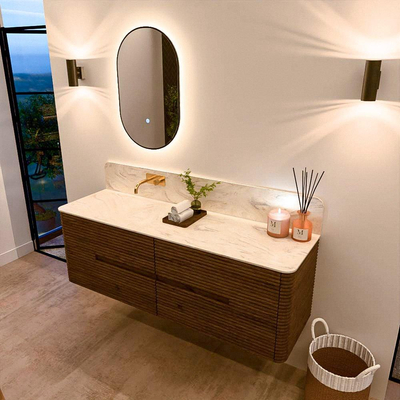 Mondiaz CIRO-DLUX Badkamermeubelset - 150x45x50cm - Solid surface wastafel Ostra - 1 wasbak Links - zonder kraangaten - 4 lades - Dusk