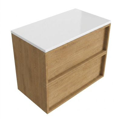 Saniclass Holz Frame Ensemble de meuble de salle de bains - 80x45x62.5cm - plan de toilette Torino en solid surface blanc - sans trou de robinetterie - 2 tiroirs - chêne natural mat (bois)