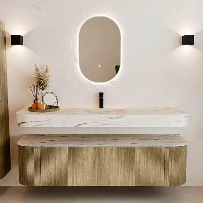 MONDIAZ THOR-DLUX 170cm meuble de salle de bains arrondi gauche + droite couleur Dusk avec 1 tiroir et 2 portes. Vasque suspendue CLOUD Milieu 1 trou de robinet couleur Nata.