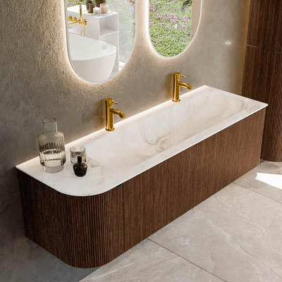 MONDIAZ KURVE-DLUX 145cm badmeubel met module 25 L kleur Walnut met 1 lade en 1 deur. Wastafel BIG LARGE rechts 2 kraangaten kleur Frappe.