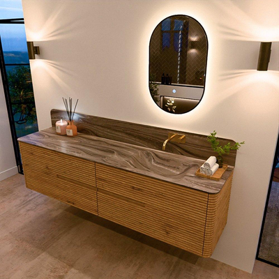 Mondiaz CIRO-DLUX Meuble de salle de bains - 190x45x50cm - Plan vasque solid surface Sombra - 1 lavabo à droite - sans trous de robinet - 4 tiroirs - Chêne