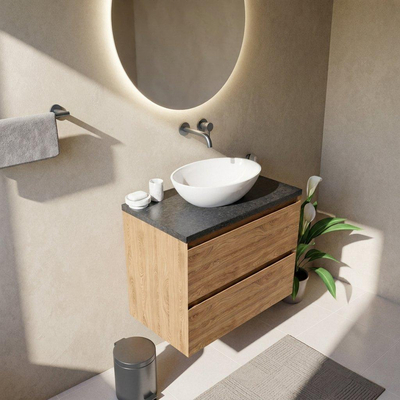 Saniclass Holz Pure Ensemble de meubles de salle de bains - 80x45x63cm - plan vasque en basalte Noche poli (noir) - sans trou de robinet - 2 tiroirs - chêne natural mat (bois)