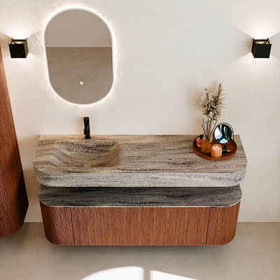 MONDIAZ THOR-DLUX 150cm meuble de salle de bains arrondi gauche + droite couleur Ruby avec 1 tiroir et 2 portes. Vasque suspendue CLOUD Gauche 1 trou de robinet couleur Oza.