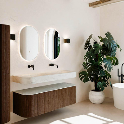 MONDIAZ THOR-DLUX Meuble de salle de bains 140cm arrondi gauche + droite couleur Walnut avec 1 tiroir et 2 portes. Vasque suspendue CLOUD Double sans trou de robinet couleur Opalo.