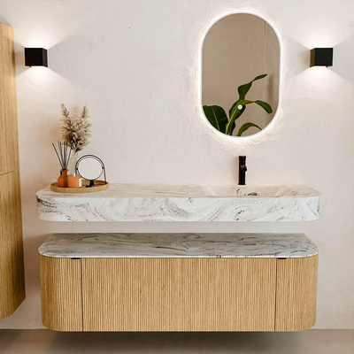 MONDIAZ THOR-DLUX 150cm badmeubel ronding links + rechts kleur Oak met 1 lade en 2 deuren. Vrijhangende wastafel CLOUD Rechts 1 kraangat kleur Glace.