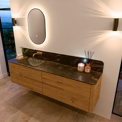 Mondiaz CIRO-DLUX Ensemble de meubles de salle de bains - 190x45x50cm - Plan-vasque solid surface Lava - 1 vasque à gauche - sans trous de robinet - 4 tiroirs - Chêne