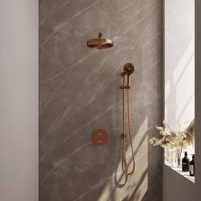 BRAUER Stripe Thermostatische Inbouw Regendouche - 3-weg - rond - 25cm douchekop - rechte muurarm - 3-standen handdouche - doucheslang - geïntegreerde glijstang - koper geborsteld PVD