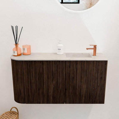 Mondiaz JOYA-DLUX 81.6cm toiletmeubel - ronding links kleur Walnut - Wastafel FAYE positie Rechts 1 kraangat kleur Ostra.