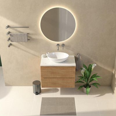 Saniclass Holz Atelier Ensemble meuble de salle de bains - 80x45x63cm - Plan vasque en marbre Dia poli (blanc) - sans trou de robinetterie - 2 tiroirs - chêne natural mat (bois)