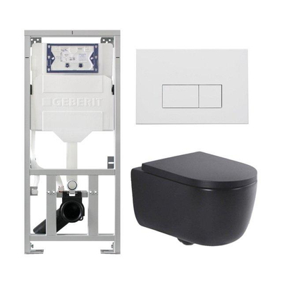 QeramiQ Dely Swirl Ensemble WC - 36.3x51.7cm - Réservoir encastré Geberit UP320 - Abattant de 35mm d'épaisseur - Plaque de commande en métal blanc mat - Boutons rectangulaires - Noir mat