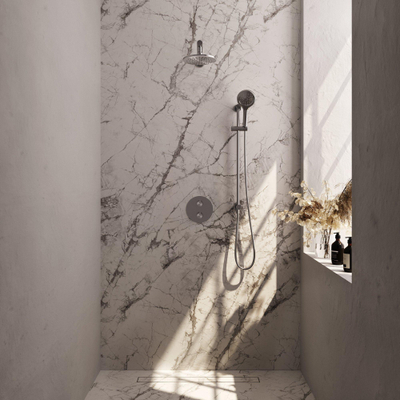 BRAUER Édition Brossée douche pluie thermostatique encastrée - 3 voies - rond - set 91 - douche principale de 20 cm - bras mural droit - douchette à main 3 positions - flexible de douche - barre de douche intégrée - inox brossé PVD