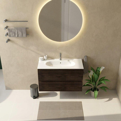 Saniclass Holz Atelier Ensemble meuble de salle de bains - 100x45x73.9cm - lavabo en céramique Chaci blanc - 1 vasque - 1 trou de robinetterie - 2 tiroirs - chêne charcoal mat (bois)