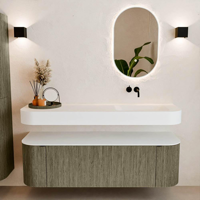 MONDIAZ THOR 150cm meuble de salle de bains arrondi gauche + droite couleur Shadow avec 1 tiroir et 2 portes. Vasque suspendue CLOUD Droite sans trou de robinet couleur Talc.