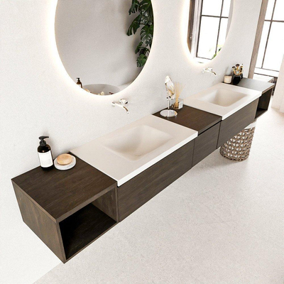 Mondiaz BUKLA badkamermeubelset 280x45x34cm 0 kraangaten 2 wasbakken solid surface Talc greeploos 3 lades met softclose Melamine Dark brown