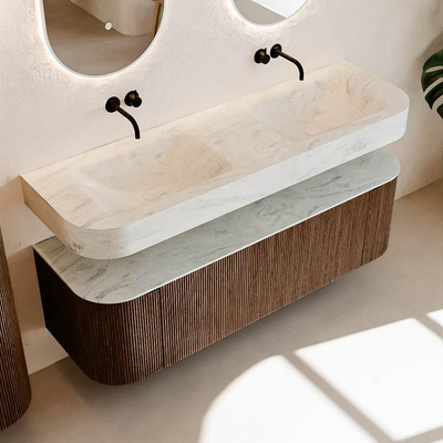 MONDIAZ THOR-DLUX 150cm meuble de salle de bains arrondi gauche + droite couleur Walnut avec 1 tiroir et 2 portes. Vasque suspendue CLOUD Double sans trou de robinet couleur Opalo.
