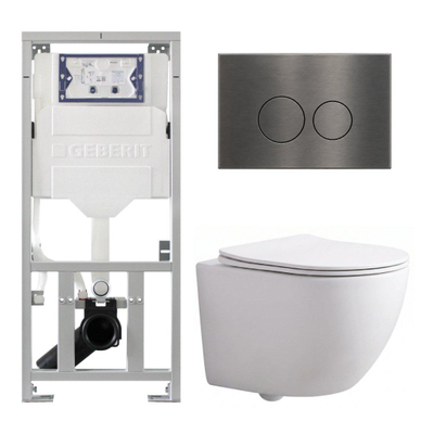 Pack WC QeramiQ Dely Swirl Compact - réservoir encastrable Geberit UP320 - avec bâti-support Burda - abattant slim - plaque de commande en métal gunmetal - boutons ronds - blanc mat