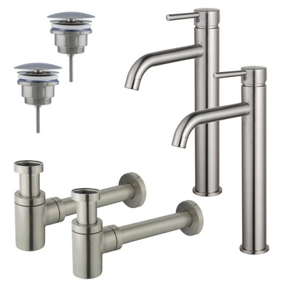 FugaFlow Eccelente Sobrado Badkamer Wastafelkraanset - voor dubbele wastafel - verhoogde wastafelkraan - always open plug - verlaagde design sifon - PVD Geborsteld RVS