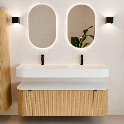 MONDIAZ THOR 140cm meuble de salle de bains arrondi gauche + droite couleur Oak avec 1 tiroir et 2 portes. Vasque suspendue CLOUD Double 2 trous de robinet couleur Talc.