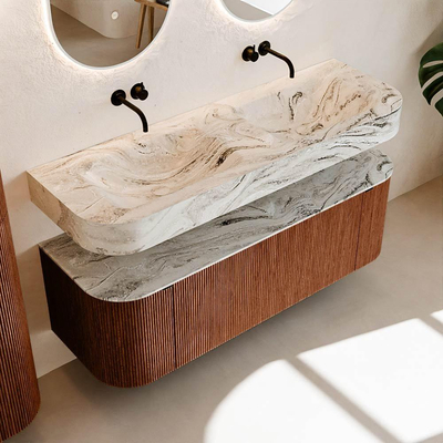 MONDIAZ THOR-DLUX 140cm meuble de salle de bains arrondi gauche + droite couleur Ruby avec 1 tiroir et 2 portes. Vasque suspendue CLOUD Double sans trou de robinet couleur Glace.