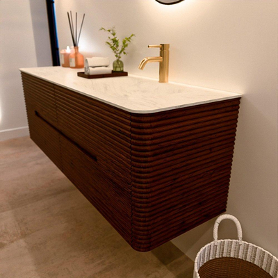 Mondiaz CIRO-DLUX Badkamermeubelset - 150x45x50cm - Solid surface wastafel Opalo - 1 wasbak Rechts - 1 kraangat - 4 lades - Ruby