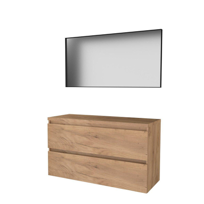 Basic-Line ensemble de meubles de salle de bain 120x46cm sans poignée 2 tiroirs plan vasque miroir cadre aluminium noir mat tout autour mfc whisky oak