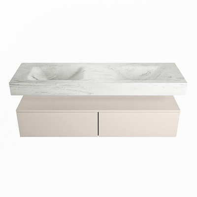 Mondiaz ALAN-DLUX Ensemble de meuble - 150cm - meuble Linen mat - 2 tiroirs - Lavabo Cloud Opalo suspendu - vasque Gauche et droite - 0 trous de robinet