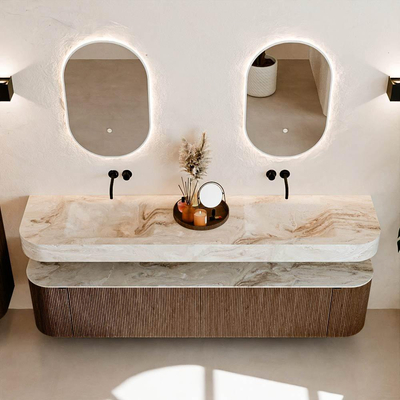 MONDIAZ THOR-DLUX 200cm meuble de salle de bains arrondi gauche + droite couleur Walnut avec 2 tiroirs et 2 portes. Vasque suspendue CLOUD Double sans trou de robinet couleur Frappe.