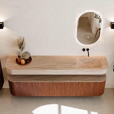 MONDIAZ THOR-DLUX Meuble de salle de bains - 200cm - arrondi gauche + droite - couleur Ruby - 2 tiroirs - 2 portes - Vasque suspendue CLOUD Droite sans trou de robinet - couleur Saba