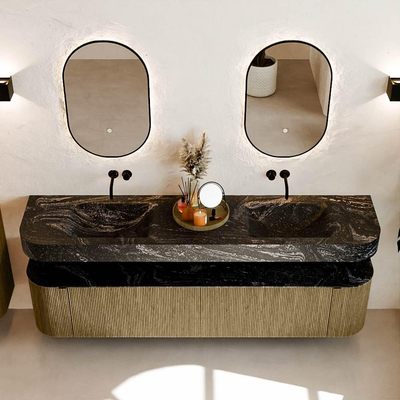 MONDIAZ THOR-DLUX Meuble de salle de bains - 200cm - arrondi gauche + droite - couleur Dusk - 2 tiroirs - 2 portes - Vasque suspendue CLOUD Double sans trou de robinet - couleur Lava