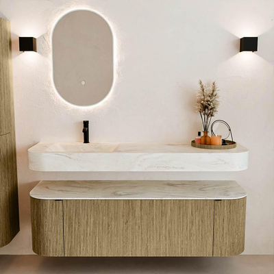 MONDIAZ THOR-DLUX 150cm meuble de salle de bains arrondi gauche + droite couleur Dusk avec 1 tiroir et 2 portes. Vasque suspendue CLOUD Gauche 1 trou de robinet couleur Ostra.