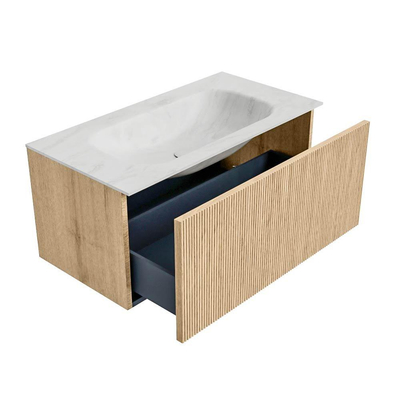 MONDIAZ KURVE-DLUX 90cm badmeubel kleur Oak met 1 lade. Wastafel BIG SMALL midden 1 kraangat kleur Opalo.