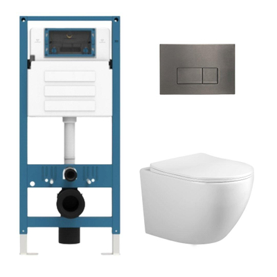 Adema Salina 2.0 Toiletset - 48.5x36x32cm - diepspoel - spoelrandloos - QeramiQ inbouwreservoir - softclose - quickrelease - toiletzitting - gunmetal metalen bedieningsplaat - rechthoekige knoppen - wit