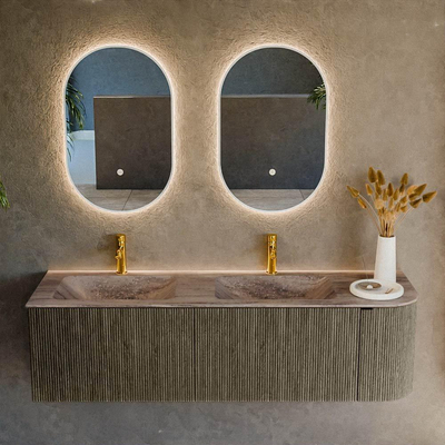 MONDIAZ KURVE-DLUX Meuble de salle de bains 155cm arrondi à droite couleur Shadow avec 2 tiroirs et 1 porte. Lavabo LEAF Double / Gauche 2 trous de robinet Oza.