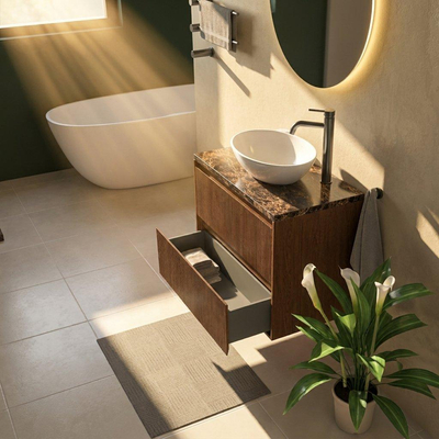Saniclass Holz Atelier Ensemble meuble de salle de bains - 80x45x63cm - Plan en pierre naturelle Noche dark emperador - 1 trou de robinet - 2 tiroirs - mat walnut pure (bois)