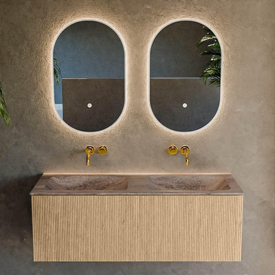 MONDIAZ KURVE-DLUX 120cm badmeubel kleur Oak met 1 lade en 0 deuren. Wastafel LEAF Dubbel zonder kraangat Oza.