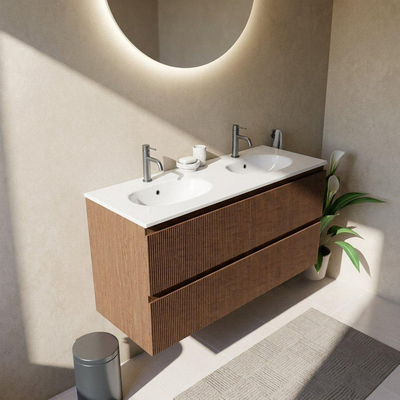 Saniclass Holz Atelier Ensemble de meubles de salle de bains - 120x45x74cm - lavabo Chaci en céramique blanc - 2 vasques - 2 trous de robinetterie - 2 tiroirs - walnut pure mat (bois)