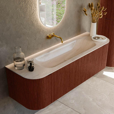 MONDIAZ KURVE-DLUX 150cm badmeubel ronding Links + Rechts kleur Ruby met 1 lade en 2 deuren. Wastafel BIG MEDIUM Midden zonder kraangat Meli.