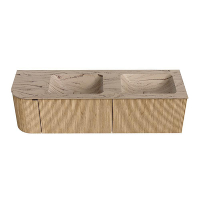 MONDIAZ KURVE-DLUX Meuble de salle de bains 155cm arrondi à gauche couleur Oak avec 2 tiroirs et 1 porte. Lavabo LEAF Double / Droite 2 trous de robinet Arena.