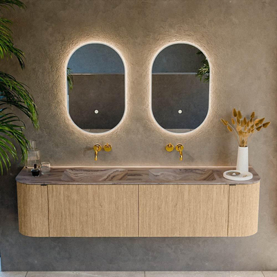 MONDIAZ KURVE-DLUX Meuble de salle de bains 180cm arrondi Gauche + Droite couleur Chêne avec 2 tiroirs et 2 portes. Lavabo LEAF Double sans trou de robinet Sombra.