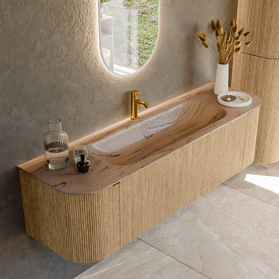 MONDIAZ KURVE-DLUX 160cm badmeubel ronding Links + Rechts kleur Oak met 1 lade en 2 deuren. Wastafel BIG MEDIUM Midden 1 kraangat Arena.