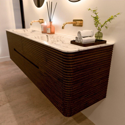 Mondiaz CIRO-DLUX Meuble de salle de bains - 180x45x50cm - Vasque en solid surface Glace - 2 vasques Double - sans trous pour robinets - 4 tiroirs - Noyer