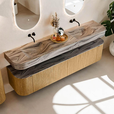 MONDIAZ THOR-DLUX 200cm meuble de salle de bains arrondi gauche + droite couleur Oak avec 2 tiroirs et 2 portes. Vasque suspendue CLOUD Double sans trou de robinet couleur Sombra.