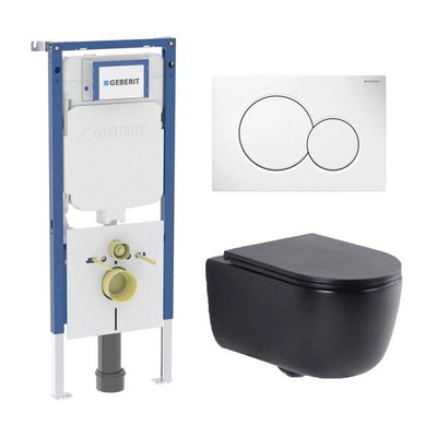 QeramiQ Dely Swirl Toiletset - 36.5x53cm - Geberit UP720 Duofix Sigma inbouwreservoir - slim zitting - witte sigma bedieningsplaat - ronde knoppen - mat zwart