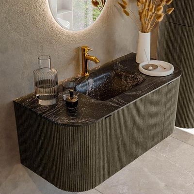 Mondiaz KURVE-DLUX Ensemble de meuble - 100x46x40cm - 1 tiroir - 2 portes - lavabo en solid surface - milieu - 1 trou de robinet - Shadow